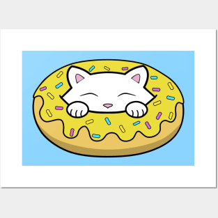 Cute white kitten eating a big yellow doughnut with sprinkles on top of it Posters and Art